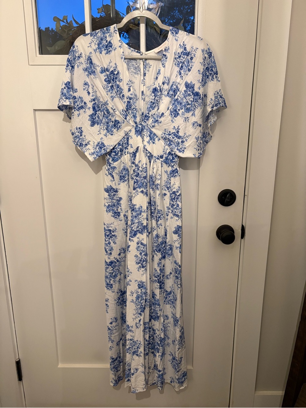 Olivaceous White Maxi Dress with Blue Floral Print